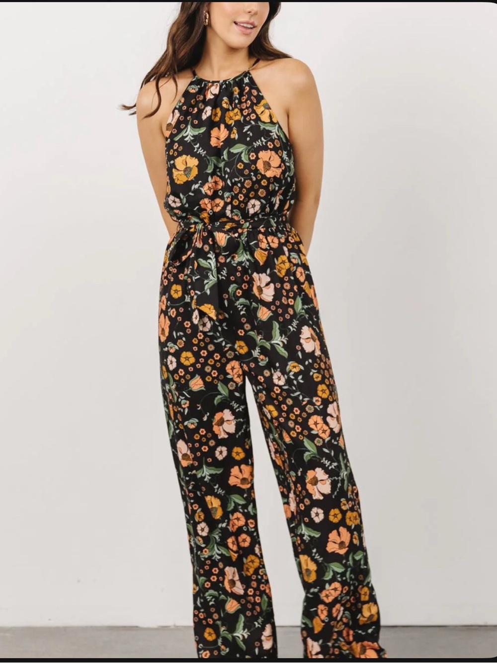 BALTIC BORN Mallory High Neck Self Tie Jumpsuit in Black Vintage Floral NWOT XL